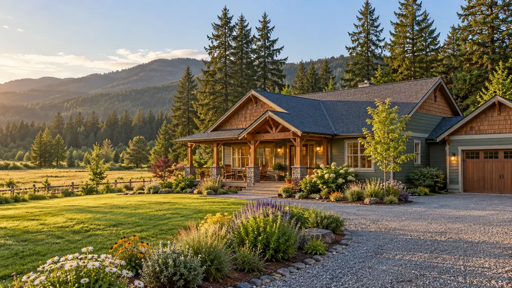 Illustrative country home in a Pacific Northwest landscape